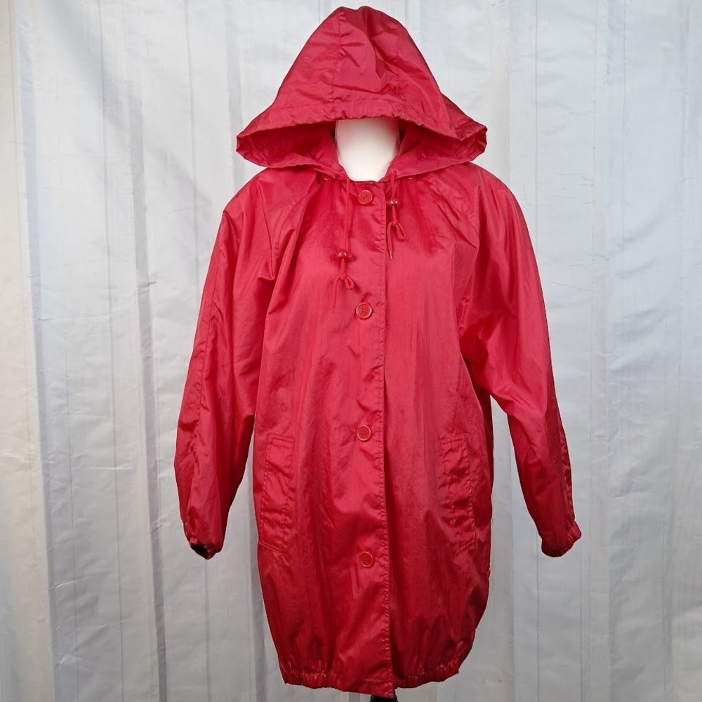 JANEVE S Vintage Red Nylon Hoodie Jacket Button Front Oversized Streetwear - Picture 2 of 7